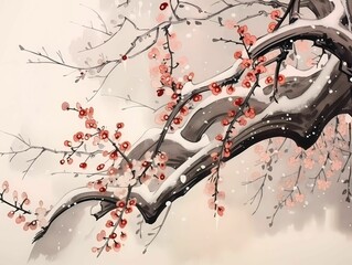 AI generated illustration of a pretty plum blossom in winter