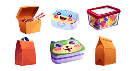 School lunchbox with kid food and bag for snack. Healthy lunch meal for children in plastic container with fruit. Isolated breakfast pack to eat. Picnic bento clipart set. Fresh salad package element - obrazy, fototapety, plakaty