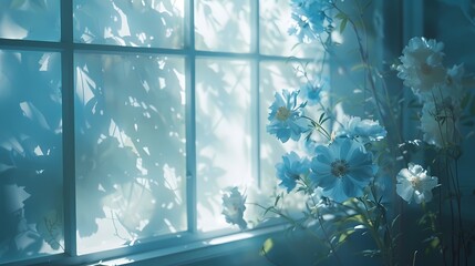 light blue flowers are on a window background poster 