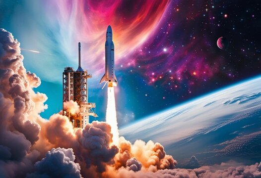 AI generated illustration of a rocket blasting off into space, leaving a fiery display of smoke