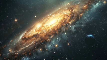 Fototapeta premium 5h Panoramic shot of a distant galaxy, with swirling nebulae, glittering star clusters, and mysterious black holes, showcasing the vastness and beauty of outer space.