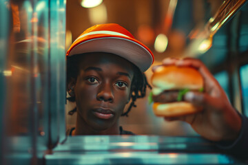 AI generated illustration of a young boy carries a huge burger in a subway station
