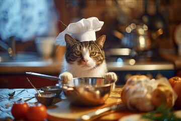 Whimsical image of a cat wearing a chef's hat, pretending to cook in a kitchen setting - obrazy, fototapety, plakaty