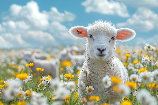 Cute lamb in a field of meadow flowers