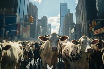 AI generated illustration of a large group of cows walking leisurely down a metropolitan city - obrazy, fototapety, plakaty