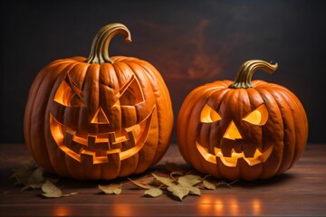 two pumpkins with lit faces sitting on top of leaves