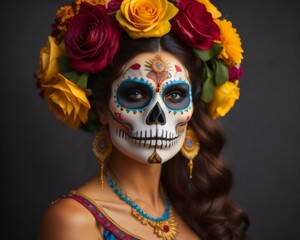 AI generated illustration of A young female wearing Make up for day of the dead in Mexico