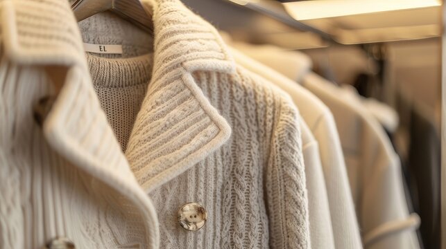 A sophisticated display of a white-beige coat and sweater on hangers in a high-end fashion store. These classic pieces showcase timeless elegance in women's fashion.