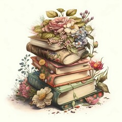 Naklejka na ściany i meble AI generated illustration of a stack of vintage books with flowers