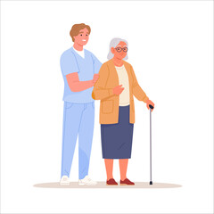 Elderly people support. Vector illustration of senior woman with walking stick and a young male nurse helping her. Isolated on white.