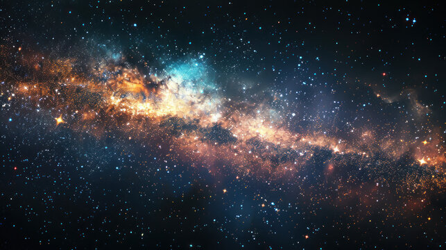 5h Panoramic shot of a distant galaxy, with swirling nebulae, glittering star clusters, and mysterious black holes, showcasing the vastness and beauty of outer space.