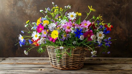 A basket overflowing with colorful wildflowers on a rustic wooden table. 