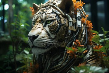 Majestic lion wearing a robotic mask in a lush forest setting, AI-generated.