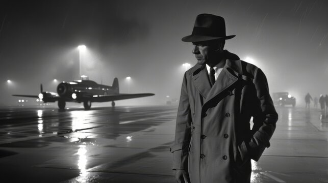 Casablanca, trench coat, Humphrey Bogart, Ricks farewell to Ilsa, foggy airport backdrop, black and white still image, golden hour lighting, vintage film grain effect
