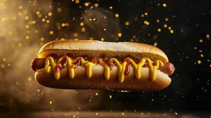 the hotdog is shown in motion with ketchup and mustard