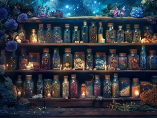 Mystical Elixirs, glass vials labeled with alchemical symbols, shelves filled with rare herbs and minerals, under a starlit sky Photography, with backlighting creating a mysterious ambiance