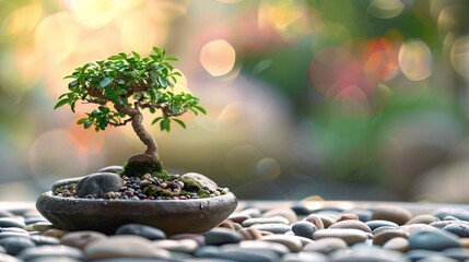 A bonsai tree in a decorative pot on a zen garden 