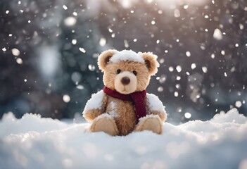 AI generated illustration of a teddy bear sitting in snowy landscape on a winter day - obrazy, fototapety, plakaty