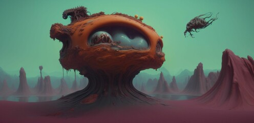 AI-generated illustration of a mysterious creature with an open mouth in a surreal landscape - obrazy, fototapety, plakaty