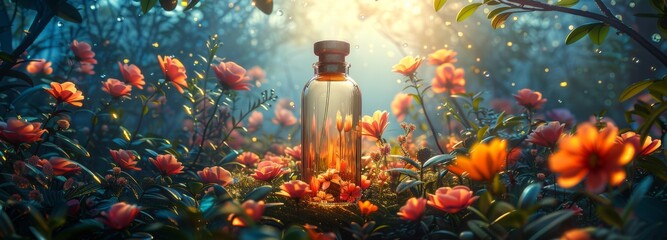 Perfume bottle in different floral backgrounds, magical atmosphere and beautiful light. - obrazy, fototapety, plakaty