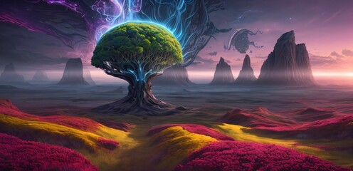 AI-generated illustration of a mysterious tree with vibrant blue and purple energy radiating from it