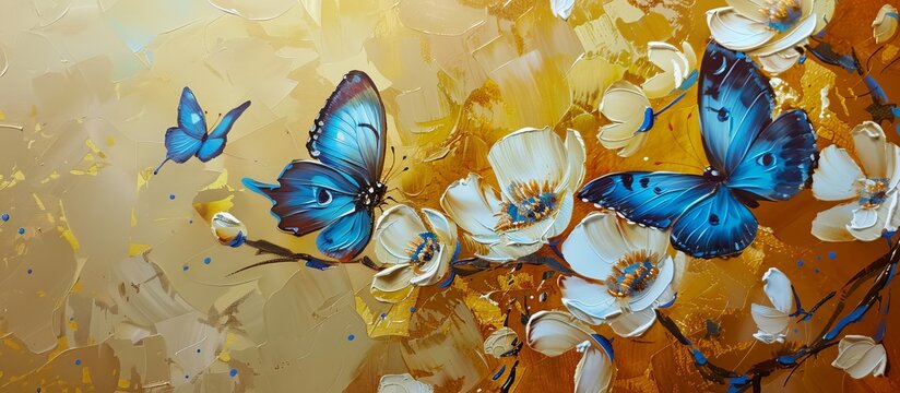 white flowers on a gold background and bright blue butterflies painted with oil paints 