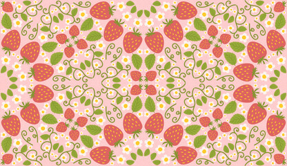 Seamless design pattern with strawberries, cute berries, flowers, green leaves. Repetitive surface design intended for kitchen apparel, fabrics, wrapping paper, and diverse purposes.
