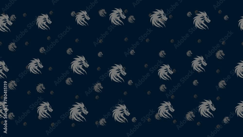 Poster dragon's head symbols float horizontally from left to right. parallax fly effect. floating symbols a