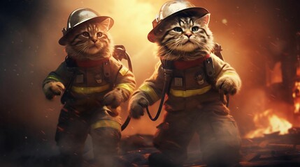 two cats dressed as firefighters on a burning city street in the daytime