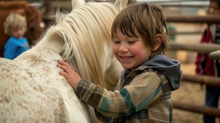 the joyous expressions of children as they engage in therapeutic horseback riding sessions, focusing on their interactions with the horses and instructors.