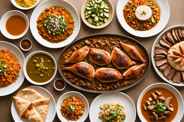 Traditional Palestinian dinner spread, featuring a variety of dishes such as Musakhan