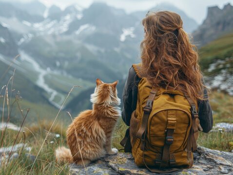 The girl travels with the cat in fall mountains.