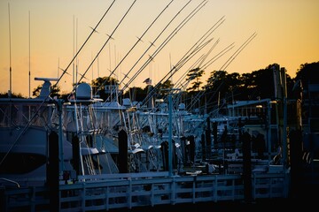 Aerial view of boats in dock in Virginia during sunset