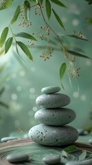 Photo of A stack of stones and bamboo leaves on wooden table against light green background with copy space, spa concept for relaxation time, wellness or healthy lifestyle