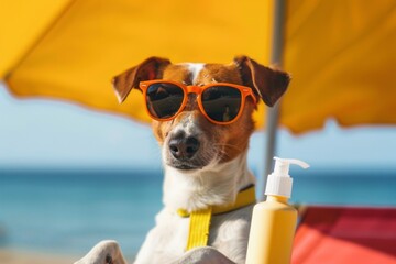 Stylish dog in shades relaxes under a sunny beach umbrella with sunscreen close by - obrazy, fototapety, plakaty
