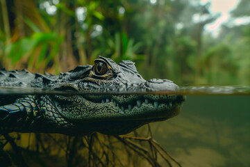 Obraz premium a alligator swims near the surface of water with jungle background