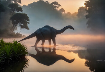 AI-generated illustration of A herbivorous long-necked dinosaur wading in water at sunrise - obrazy, fototapety, plakaty