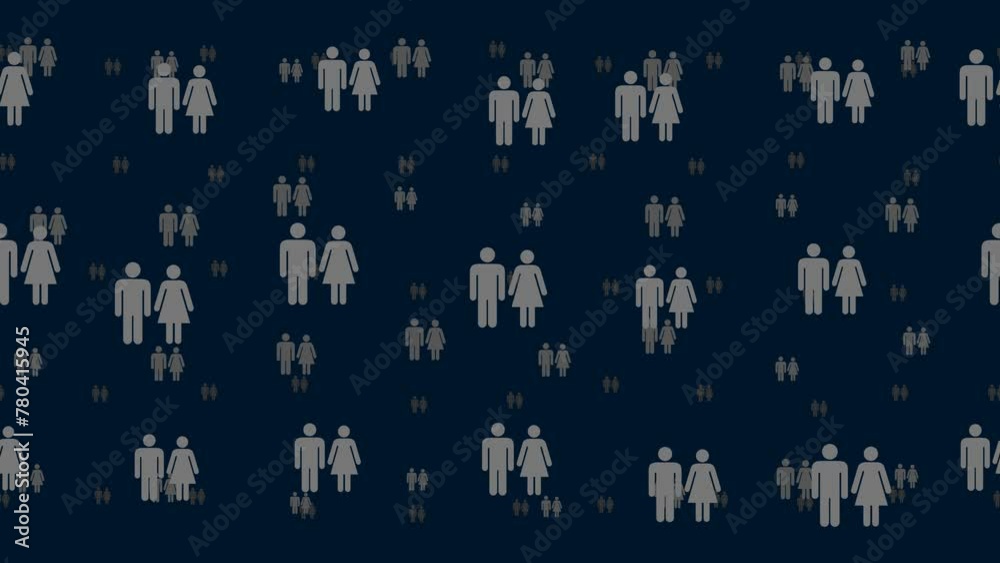Poster man with woman symbols float horizontally from left to right. parallax fly effect. floating symbols 