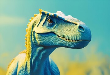 AI generated illustration of a dinosaur model in close-up against blue sky and green field