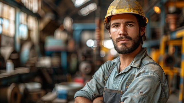 A male worker stands in a workshop against an industrial background. Realistic photography.