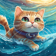 바다 수영하는 귀여운 고양이 - obrazy, fototapety, plakaty