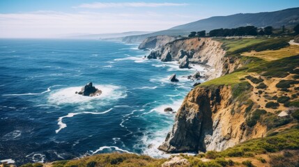 Fototapeta premium AI generated illustration of ocean waves crashing against cliffs below