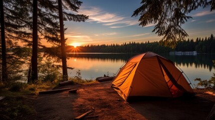 AI generated illustration of an orange tent pitched by a lake's edge near woods - obrazy, fototapety, plakaty