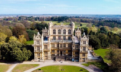 Aerial shot of Wollaton hall and deer park in Nottingham, United kingdom