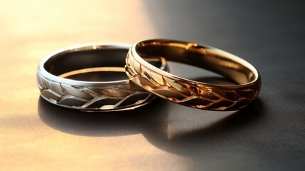 AI generated illustration of two wedding rings on a table with a soft background light reflection
