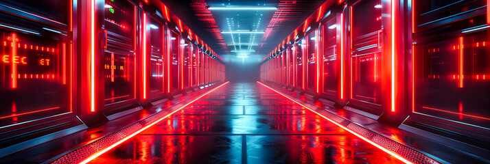 Illuminated Futuristic Corridor: A Modern, Neon-Lit Tunnel, Embodying the Convergence of Technology and Design