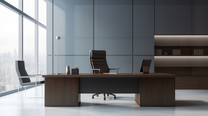 AI generated illustration of ann office with a wooden desk and black chairs