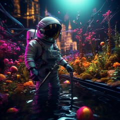 AI generated illustration of a space-suited astronaut suspended in a pool surrounded by flowers - obrazy, fototapety, plakaty