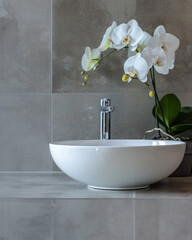 close up of modern sink and faucet with orchid, neutral colors, modern, luxury and minimal - 780417760