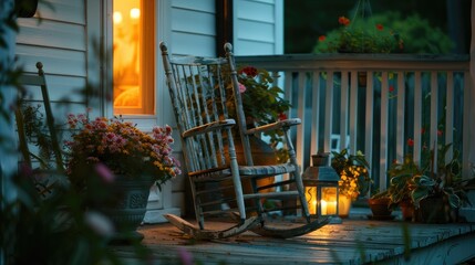 a new white porch bathed in golden sunlight, adorned with a solitary rocking chair and a gently swaying lantern, inviting viewers to pause and imagine the cozy comforts awaiting inside.